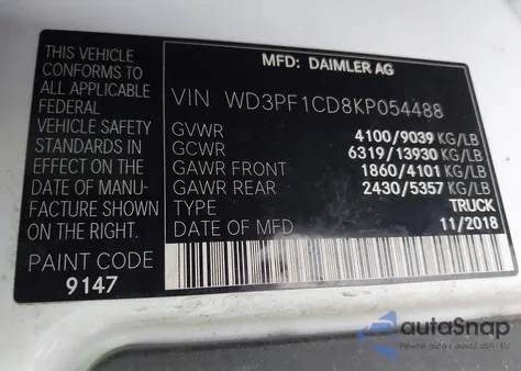 2019 Mercedes-Benz Sprinter 2500 High Roof V6 из США, поврежденный, VIN WD3PF1CD8KP054488